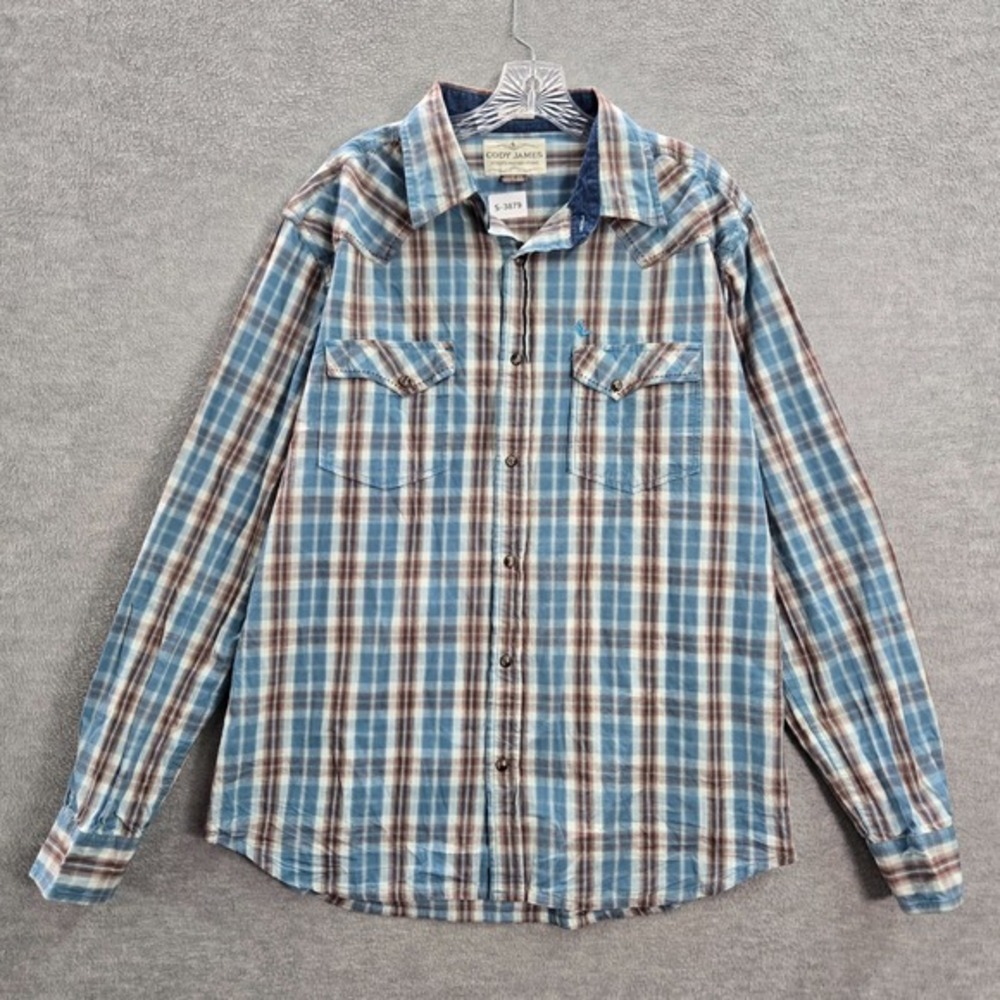 Cody James Men Button Up Shirt XL Blue Plaid Western Slim Fit Rodeo Collar